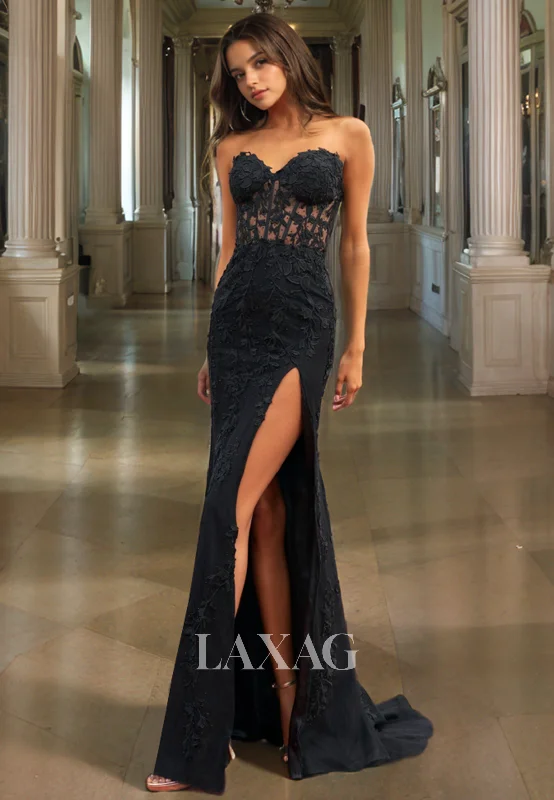 13764 - Sweetheart Bone Bodice Lace Split Black Prom Gown