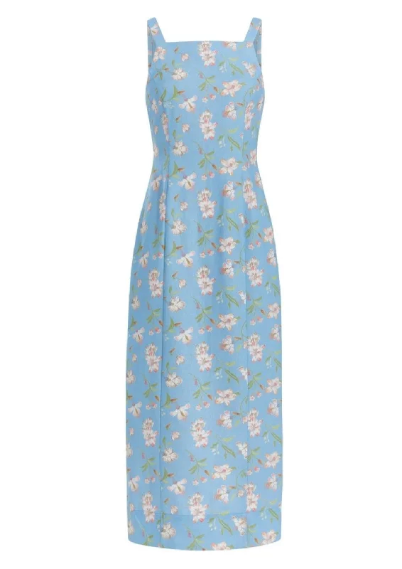 High-Neck Midi Dress in Blue Hibiscus