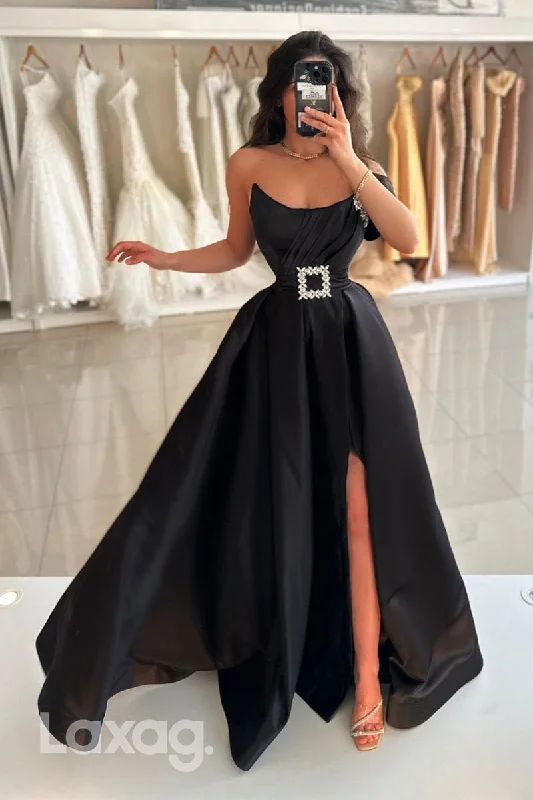 14700 - A Line Strapless Satin Ruched Long Formal Prom Dress with Slit