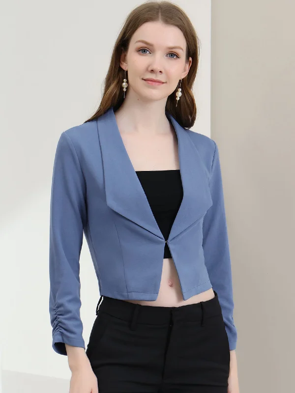 Ruched Sleeve Notched Lapel Business Cropped Blazer Jacket