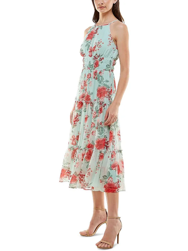 Juniors Womens Halter Floral Midi Dress