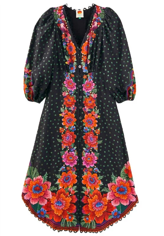 Blooming Garden Midi Dress In Black Multi