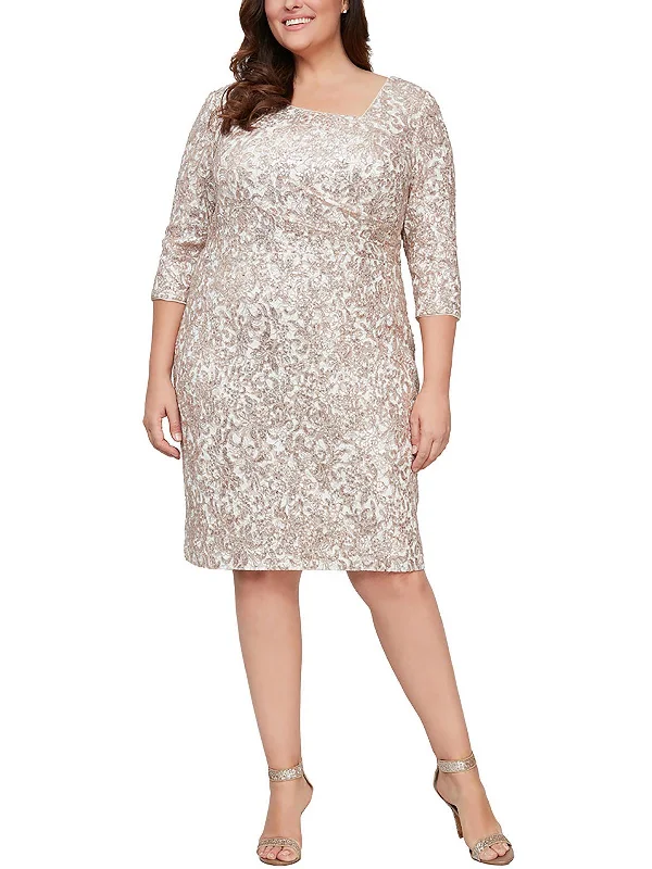 Plus Womens Embroidered Midi Cocktail and Party Dress