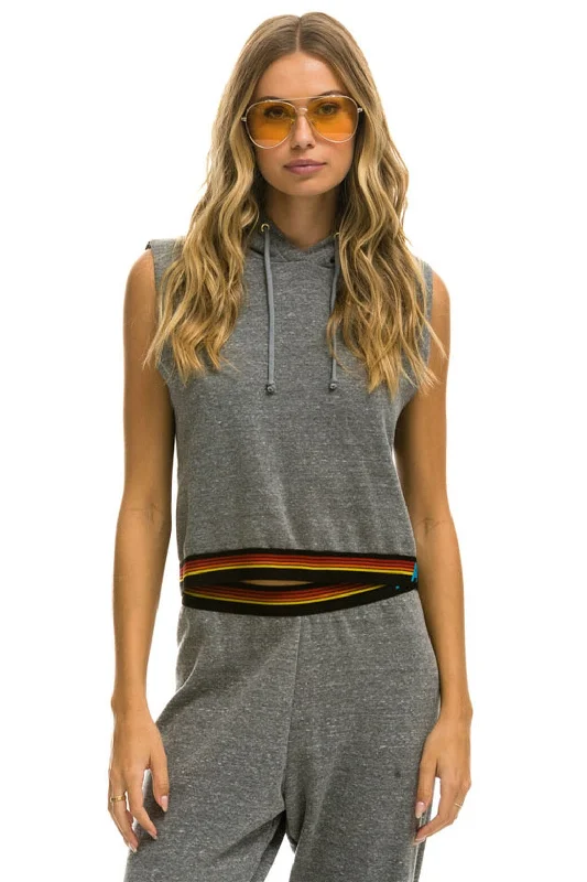 LOGO STRIPE SLEEVELESS CROP PULLOVER HOODIE - HEATHER GREY