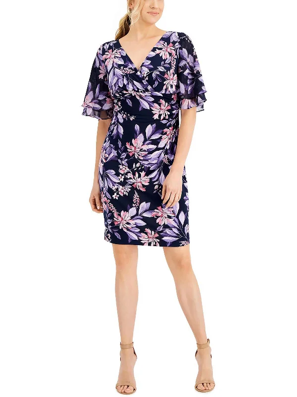 Petites Womens Floral Flare Sleeve Sheath Dress