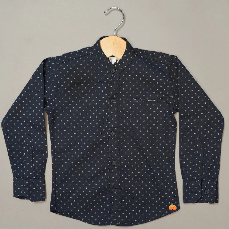 Blue Mandarin Collar Printed Boys Shirt