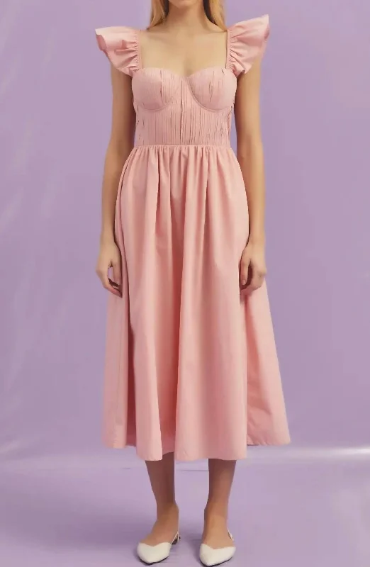 Front Pleat Poplin Midi Dress In Peach