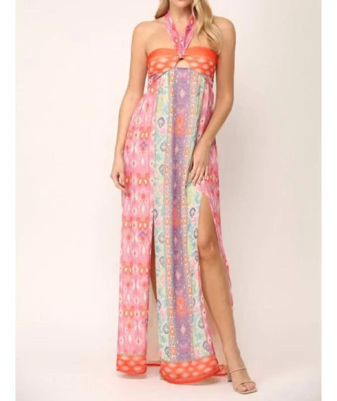 Aztec Border Halter Maxi Dress In Orange/pink