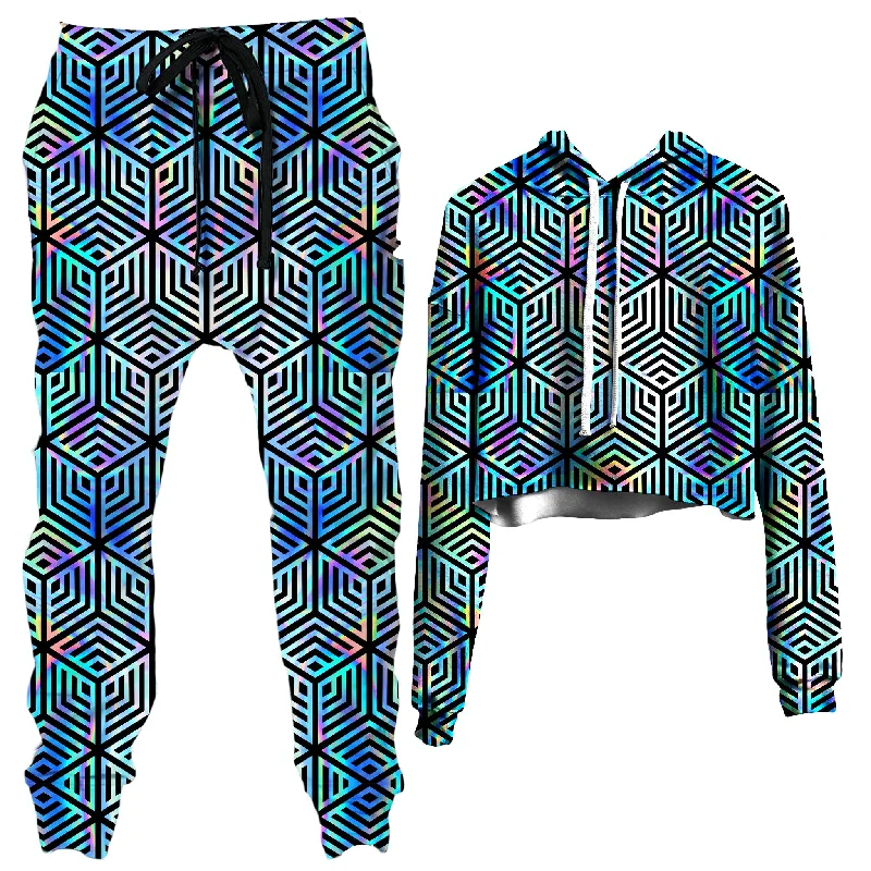 Holographic Hexagon Crop Hoodie and Joggers Combo