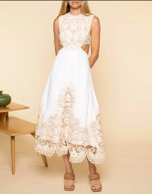 Jeannie Embroidered Yoke Midi Dress in Ivory