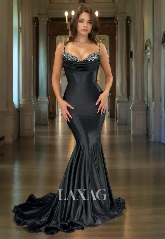 15716 - Black Spaghetti Straps Beaded Prom Evening Dress With Sweep Train