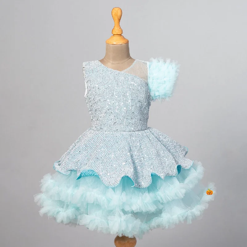 Sky Blue Sequin Frill Girls Frock