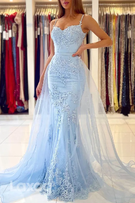 22251 - Spaghetti Straps Appliques Mermaid Party Prom Formal Evening Dress with Overlay