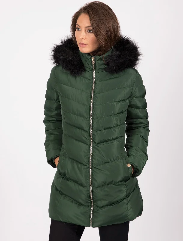 Lotus Longline Quilted Puffer Coat with Faux Fur Trim Hood in Dark Green - Tokyo Laundry