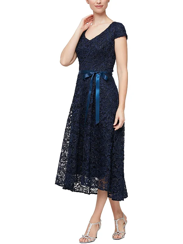 Petites Womens Lace Midi Evening Dress