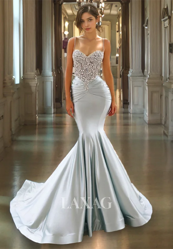 22272 - Spaghetti Straps Beaded Sleek Satin Mermaid Party Prom Formal Evening Dress