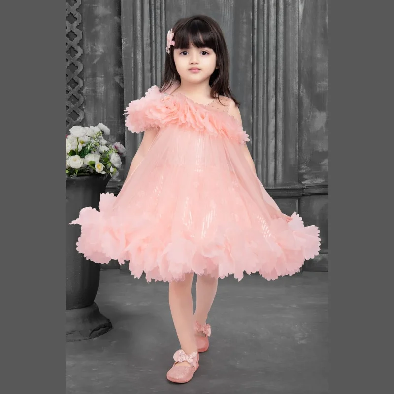 Peach & White Floral Frill Frock for Girls