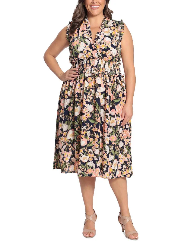 Plus Womens Smocked Floral Midi Dress