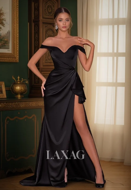 12740 - Off Shoulder Black Ruched Evening Prom Dress With Slit