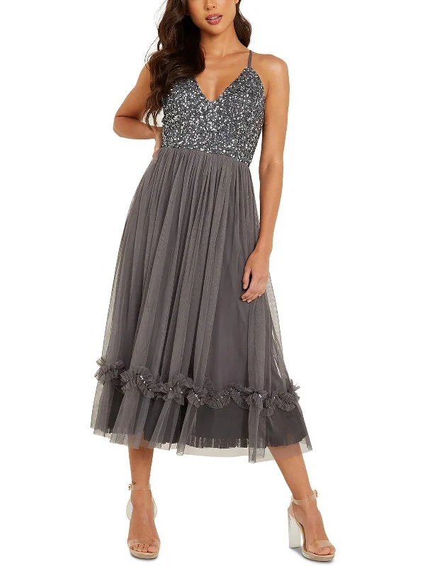 Juniors Womens Sequined Midi Cocktail and Party Dress