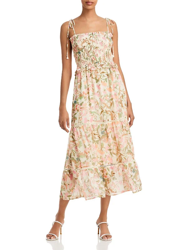 Womens Smocked Floral Maxi Dress