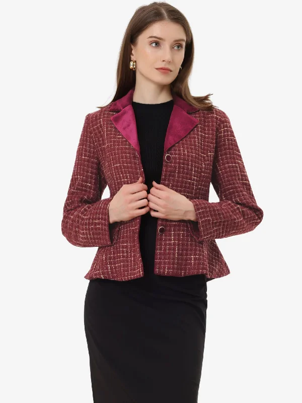 Tweed Plaid Notched Collar Long Sleeve Office Blazer