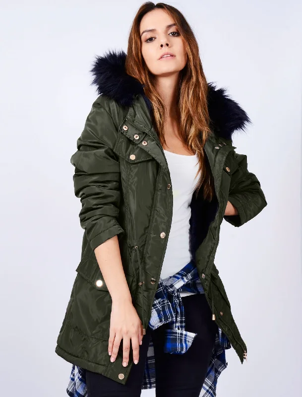 Tonya Blue Fur Lined Parka Coat in Khaki - Tokyo Laundry