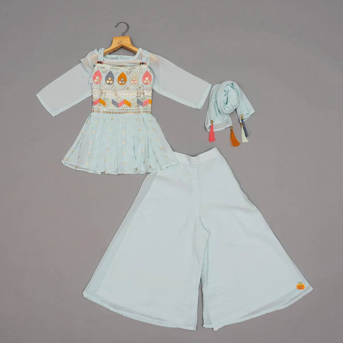 Sky Blue Embroidered Girls Palazzo Suit