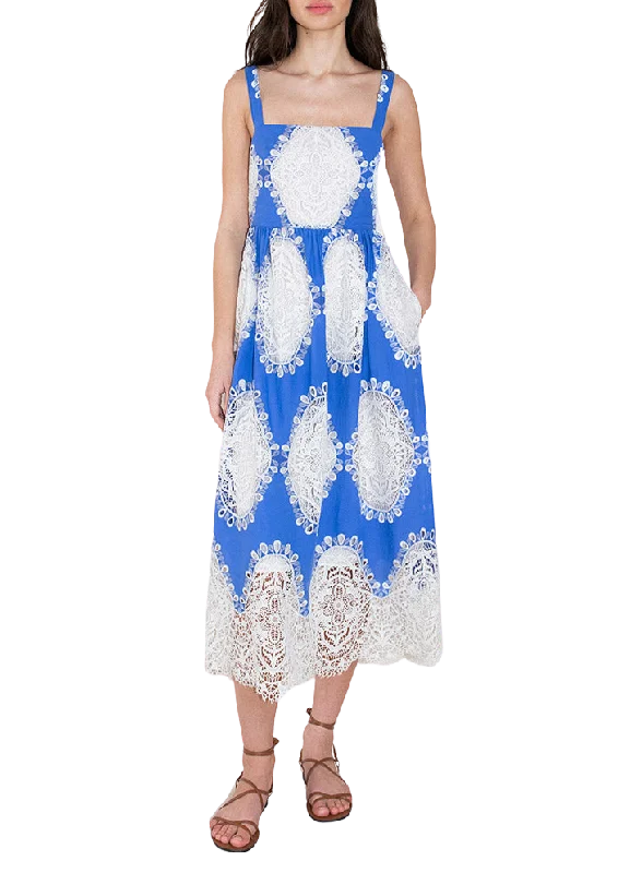 Ninet Lace Midi Dress in Blue/White