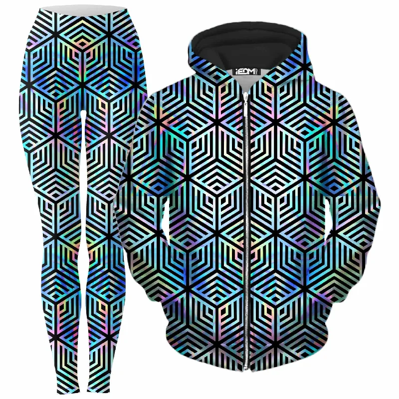 Holographic Hexagon Zip-Up Hoodie and Leggings Combo