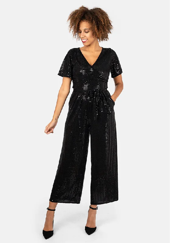 Gloria Black Sequin Culotte Leg Jumpsuit