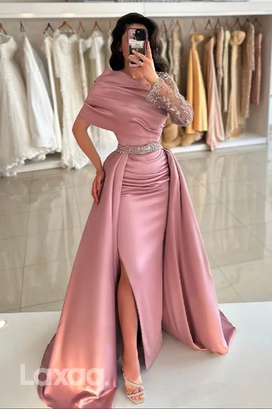 14723 - Chic One Shoulder Embroidery Ruched Mermaid Long Formal Evening Dress with Slit