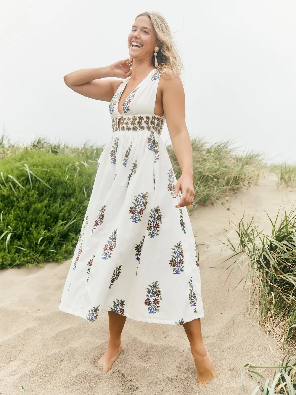 Becca Midi Dress in White with Bouquets