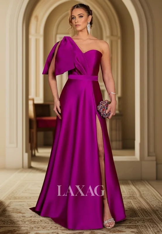 A-Line One Shoulder Sleek Satin Party Prom Formal Evening Dress with Slit