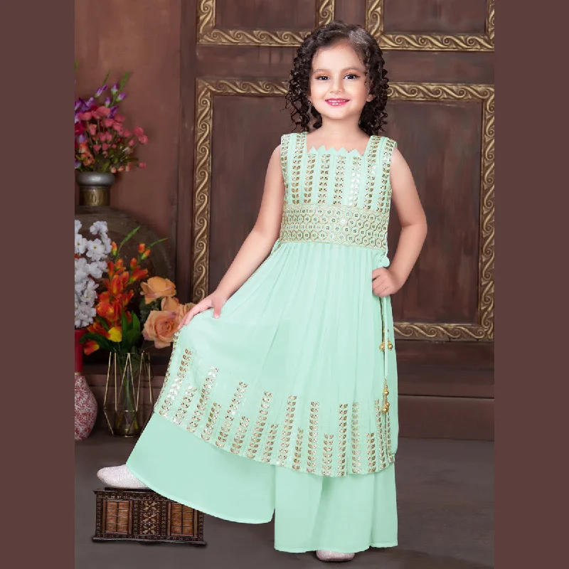 Sky Blue Embroidered Girls Palazzo Suit