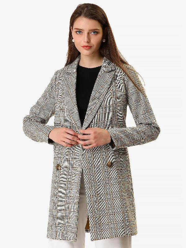 Double Breasted Notched Lapel Plaid Trench Blazer Coat