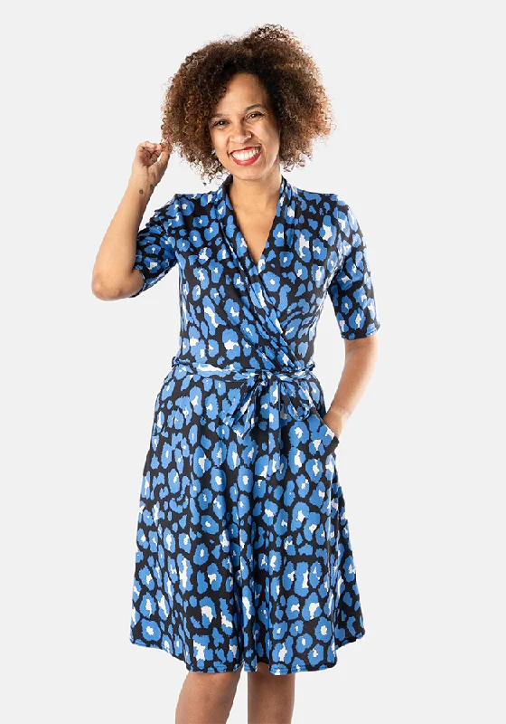 Stevie Lou Blue Animal Print Shawl Collar Wrap Dress