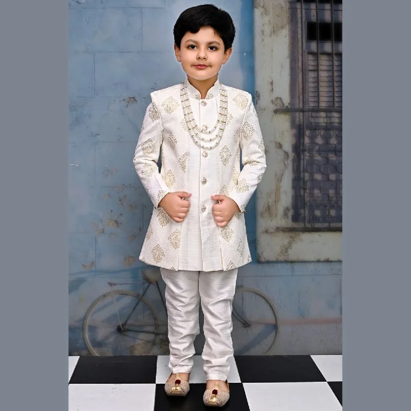 White Floral Pattern Boys Sherwani