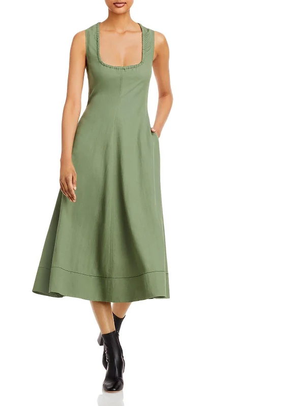 Womens Drawstring Neck Tea Length Midi Dress