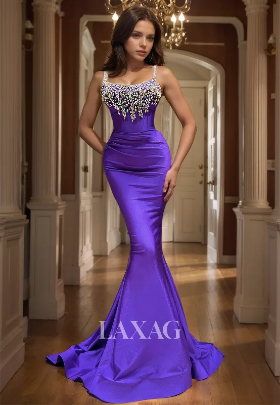 Square-Neck Spaghetti Straps Sleeveless Beaded Pleated Satin Mermaid Prom Dress with Sweep Train