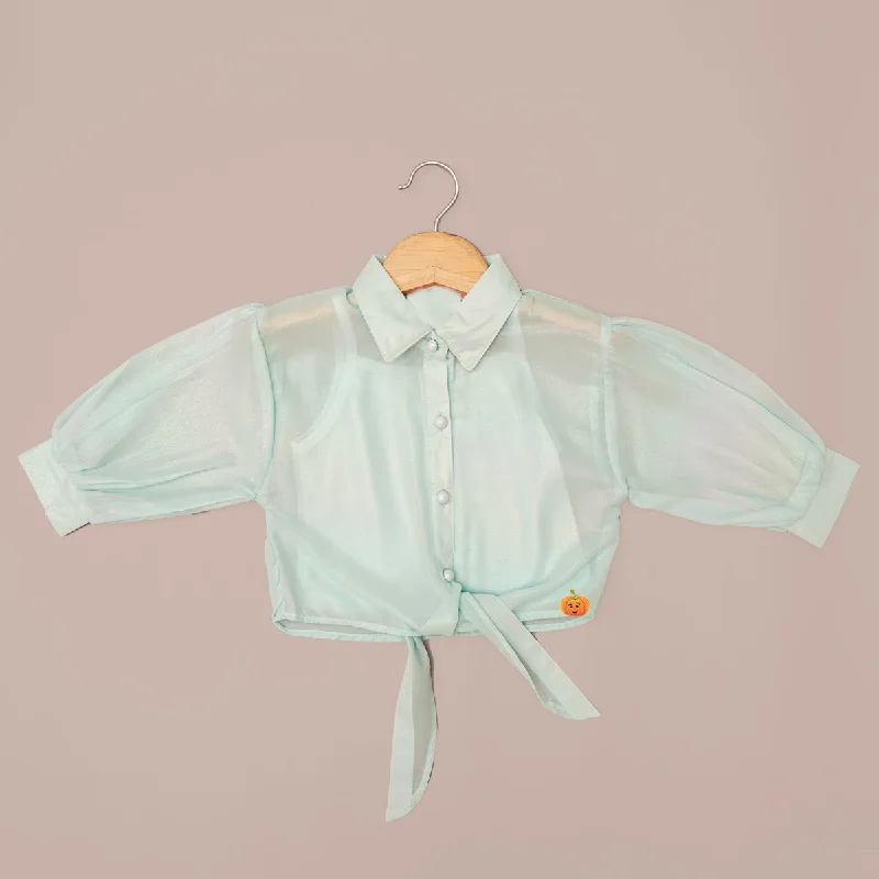 Peach & Sea Green Knotted Collared Girls Top