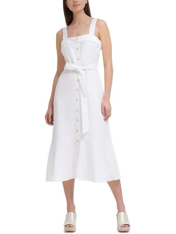 Womens Linen Blend Sleeveless Midi Dress