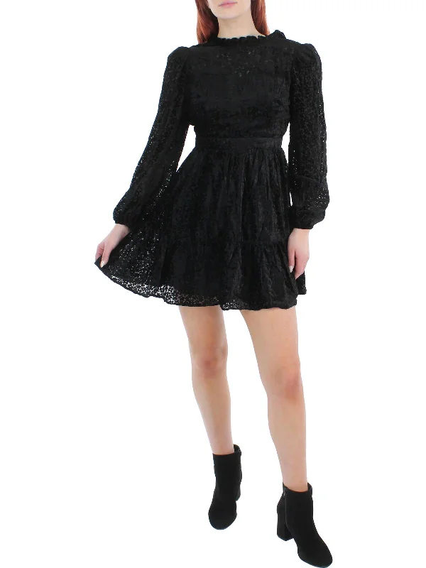 Womens Crushed Velvet Ruffle Fit & Flare Dress