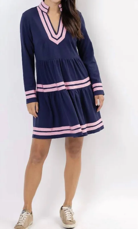 Navy Long Sleeve Fit & Flare Tunic Dress With Pink Trim