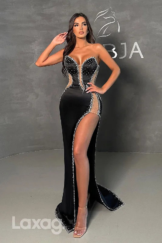 22150 - Low V-Neck Illusion Beaded Sleek Satin High Slit Mermaid Prom Dress