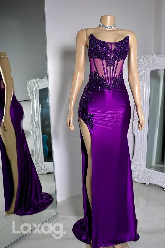 22471 - Straples Beaded illusion High Slit Mermaid Prom Dresses for Black Girl Slay