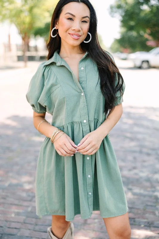 Well Known Olive Green Denim Babydoll Dress