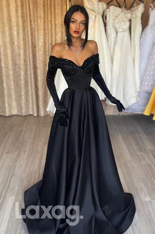 14744 - Off Shoulder Long Sleeves Gloves Sequins Prom Red Carpet Gown