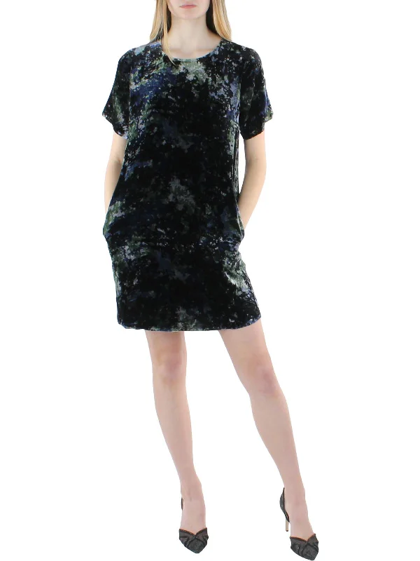 Petites Womens Silk Velvet Shift Dress