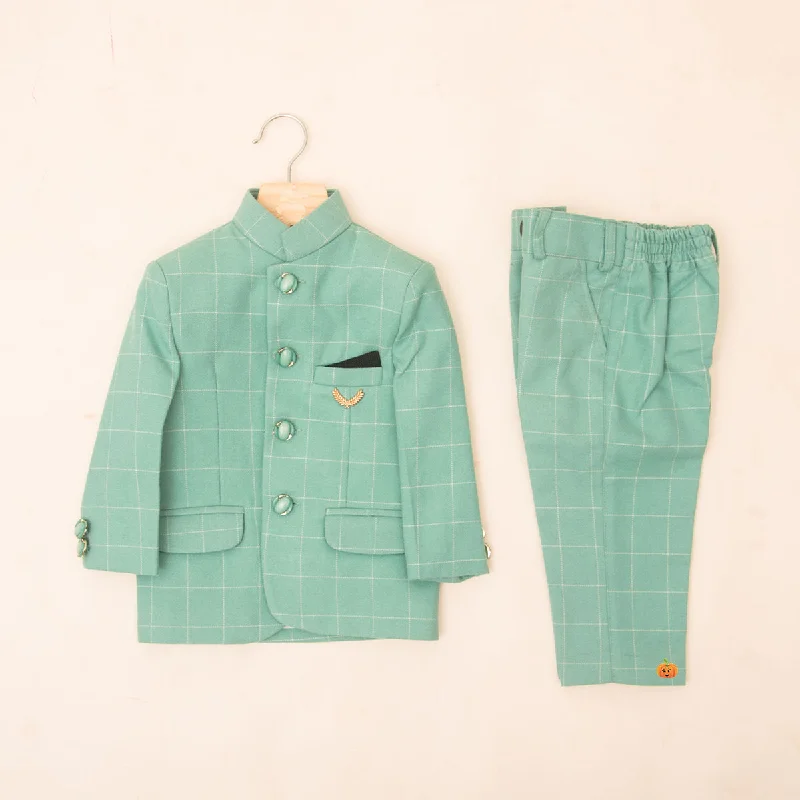 Sea Green Checks Jodhpuri Suit for Boys